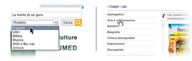 Modulo ricerca e menu delle macro categorie